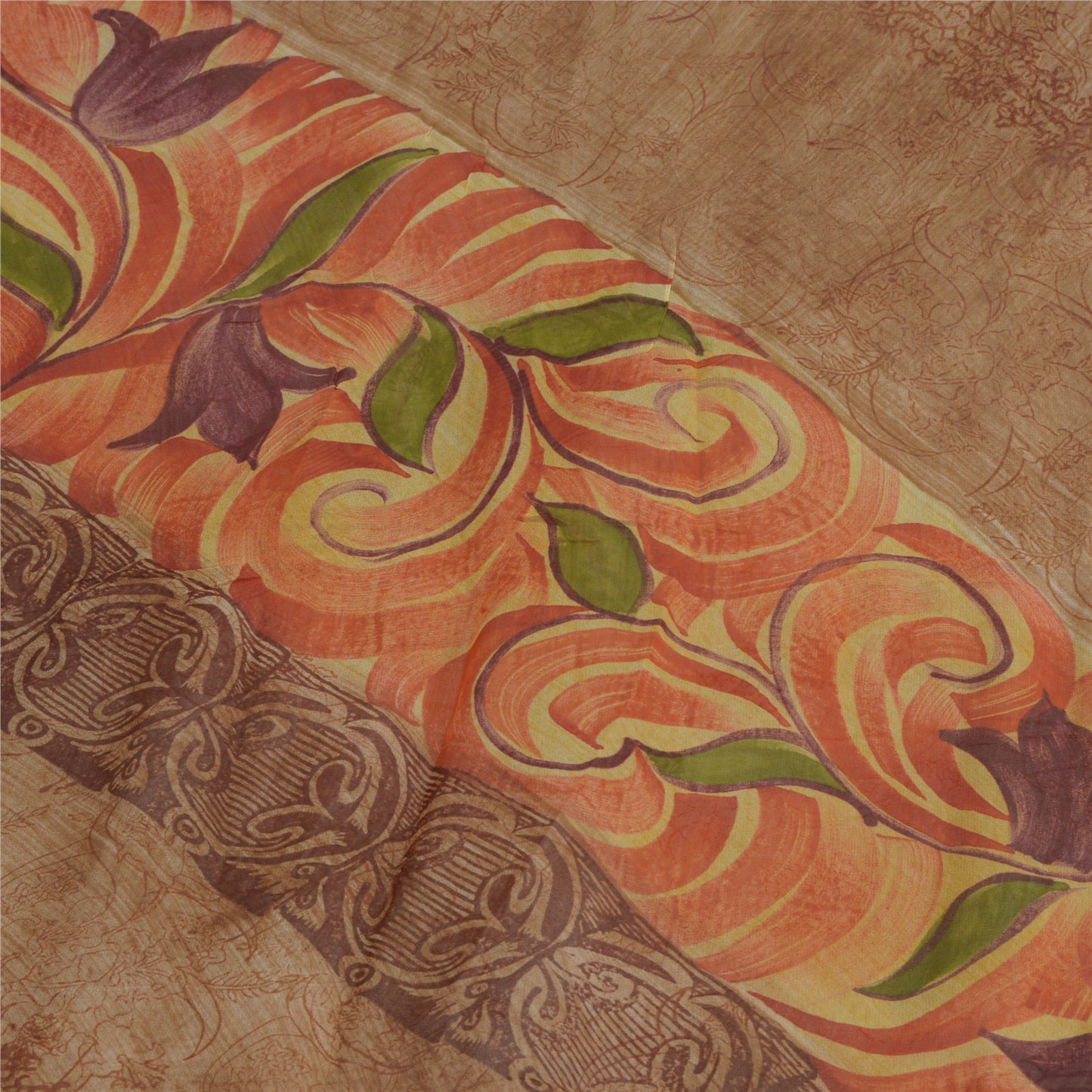 Sanskriti Vintage Brown Sari Pure Georgette Silk Printed Sarees Craft Fabric