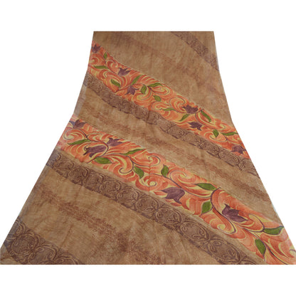 Sanskriti Vintage Brown Sari Pure Georgette Silk Printed Sarees Craft Fabric