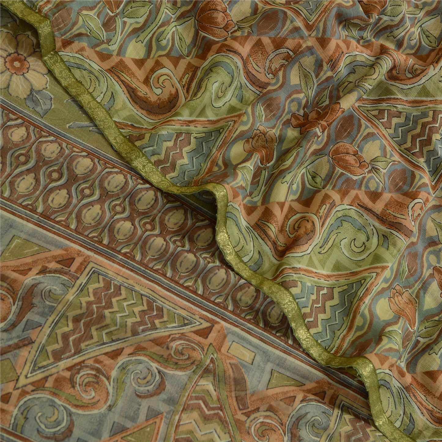 Sanskriti Vintage Multi Sarees Zari Border Printed Chiffon Sari Craft Fabric