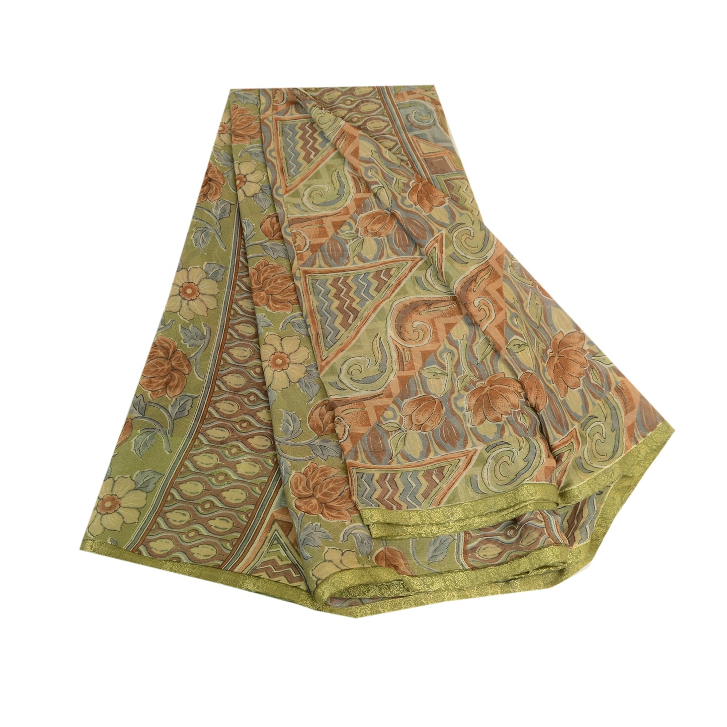 Sanskriti Vintage Multi Sarees Zari Border Printed Chiffon Sari Craft Fabric