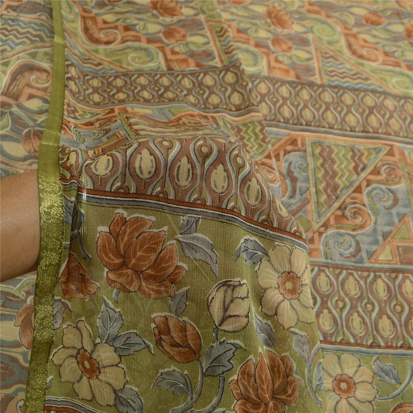 Sanskriti Vintage Multi Sarees Zari Border Printed Chiffon Sari Craft Fabric