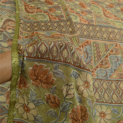 Sanskriti Vintage Multi Sarees Zari Border Printed Chiffon Sari Craft Fabric