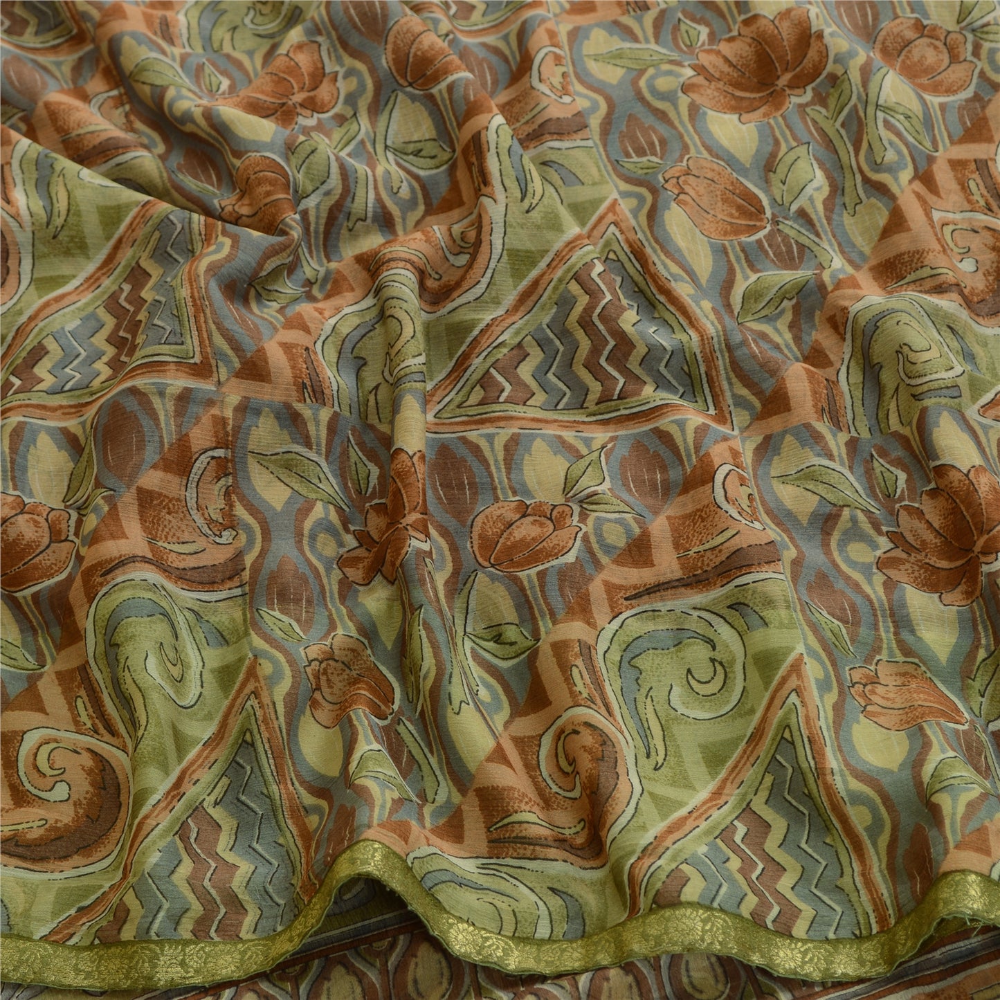 Sanskriti Vintage Multi Sarees Zari Border Printed Chiffon Sari Craft Fabric