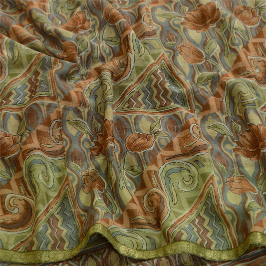 Sanskriti Vintage Multi Sarees Zari Border Printed Chiffon Sari Craft Fabric