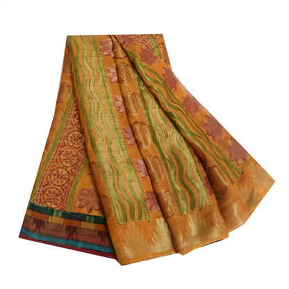 Sanskriti Vintage Saffron Sarees Print Pure Georgette Sari 6 YD Craft Fabric