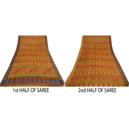 Sanskriti Vintage Saffron Sarees Print Pure Georgette Sari 6 YD Craft Fabric