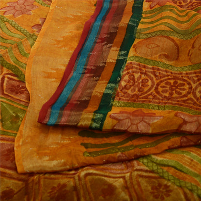 Sanskriti Vintage Saffron Sarees Print Pure Georgette Sari 6 YD Craft Fabric
