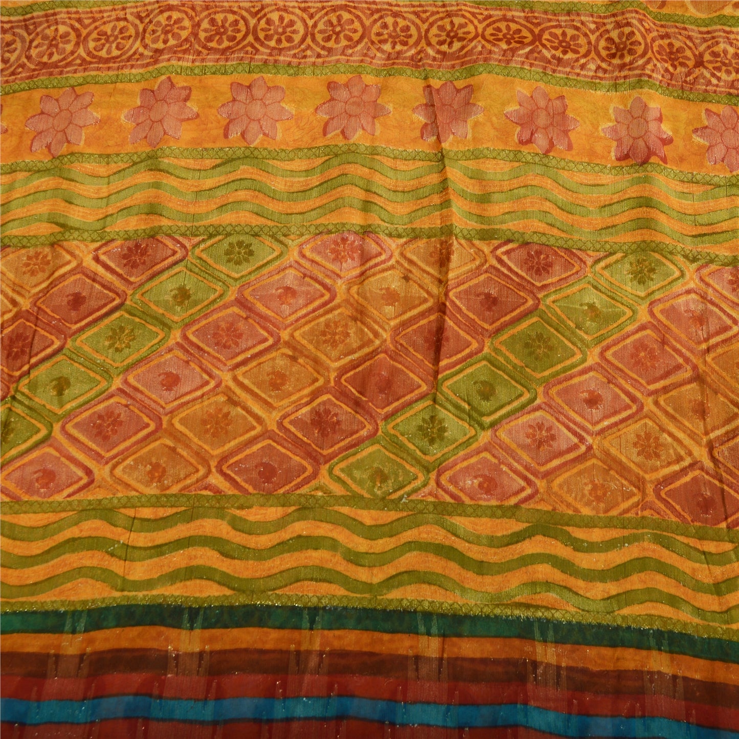 Sanskriti Vintage Saffron Sarees Print Pure Georgette Sari 6 YD Craft Fabric