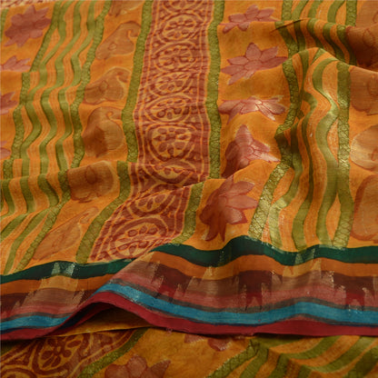 Sanskriti Vintage Saffron Sarees Print Pure Georgette Sari 6 YD Craft Fabric