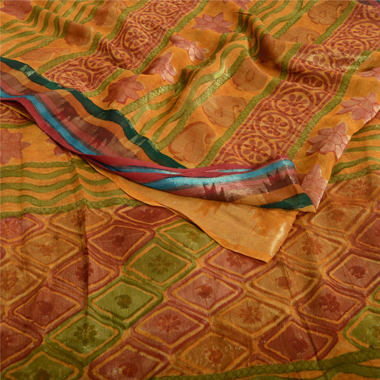 Sanskriti Vintage Saffron Sarees Print Pure Georgette Sari 6 YD Craft Fabric