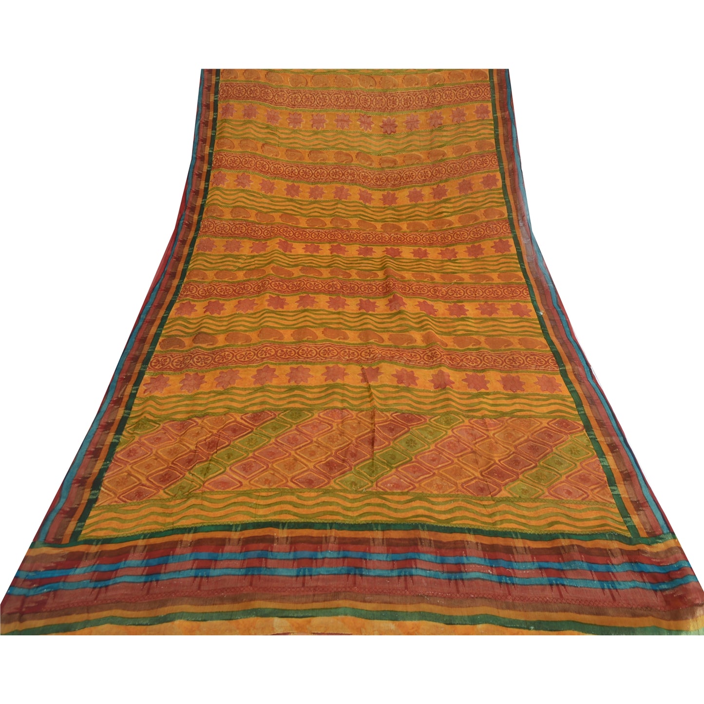 Sanskriti Vintage Saffron Sarees Print Pure Georgette Sari 6 YD Craft Fabric