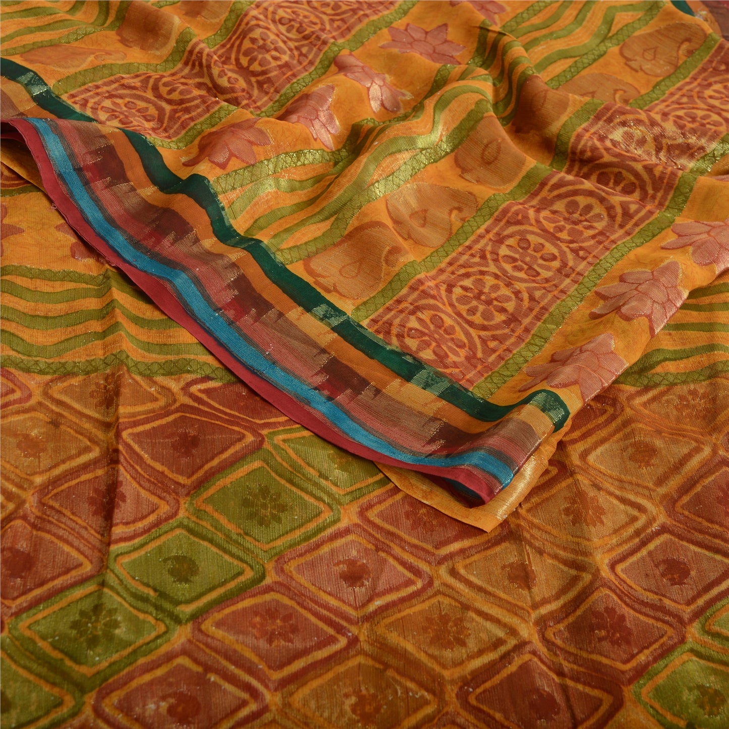 Sanskriti Vintage Saffron Sarees Print Pure Georgette Sari 6 YD Craft Fabric