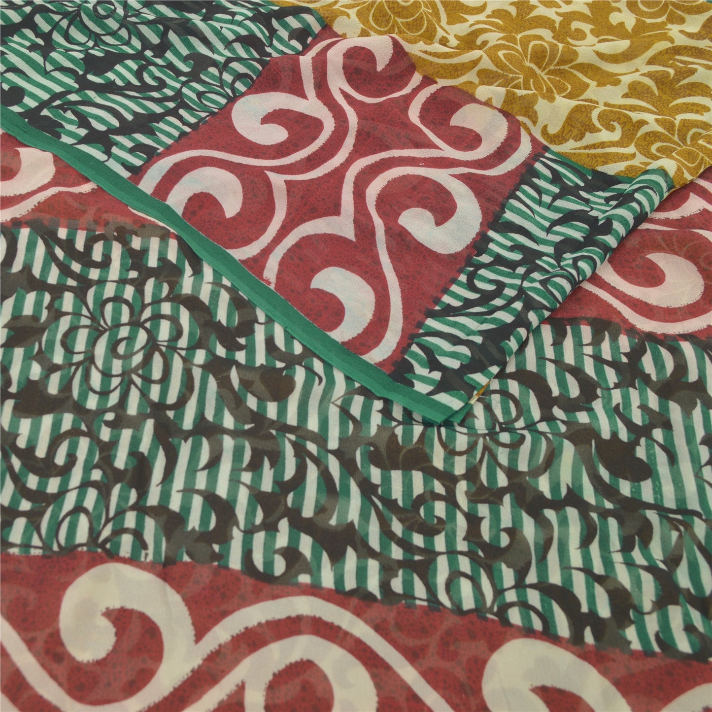 Sanskriti Vintage Blend Georgette Silk Indian Multicolor Printed Sarees 5 Yd Sewing Fabric Create-Floral Dresses,Skirts, Tops, Projects