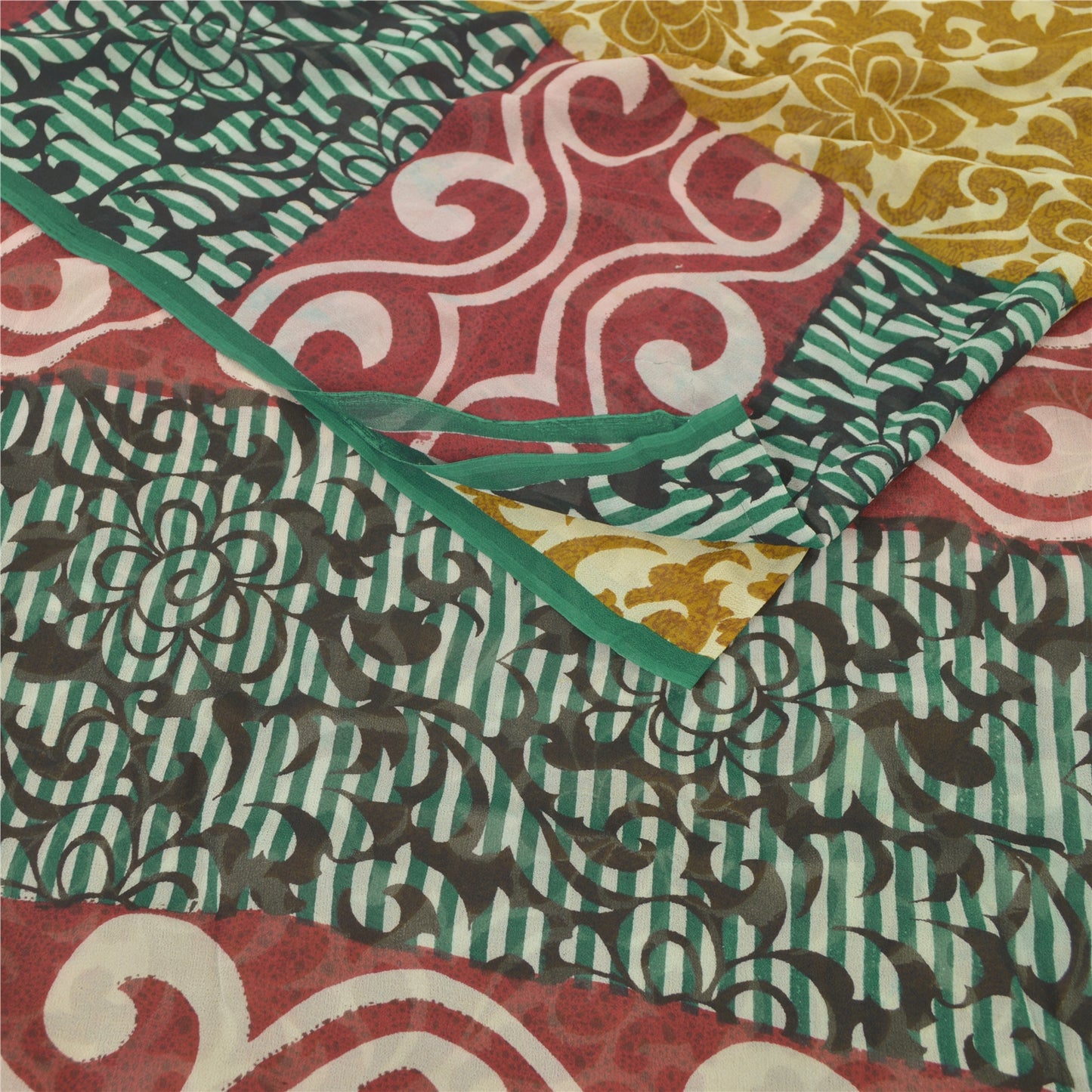 Sanskriti Vintage Blend Georgette Silk Indian Multicolor Printed Sarees 5 Yd Sewing Fabric Create-Floral Dresses,Skirts, Tops, Projects