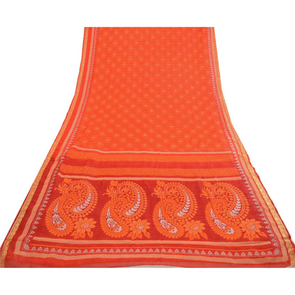 Sanskriti Vintage Indian Red Sarees Printed Chiffon Sari Sewing Soft Fabric