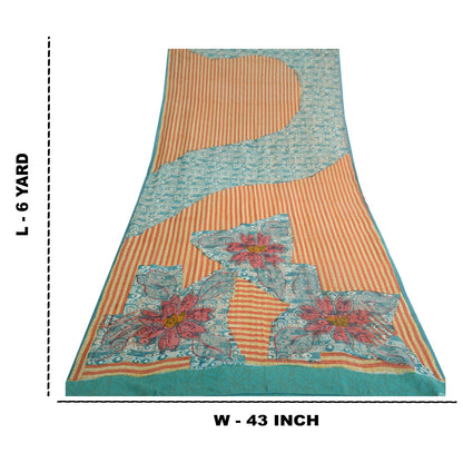 Sanskriti Vintage Sari 100% Pure Georgette Silk Orange/Blue Printed Sarees 6 Yd Fabric Recycled For Quilting Felting, Home Decor