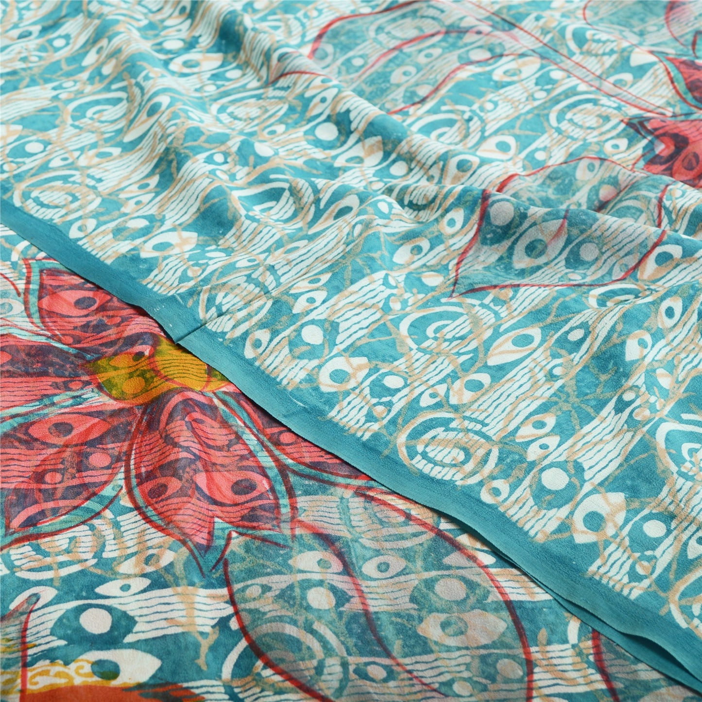 Sanskriti Vintage Sari 100% Pure Georgette Silk Orange/Blue Printed Sarees 6 Yd Fabric Recycled For Quilting Felting, Home Decor