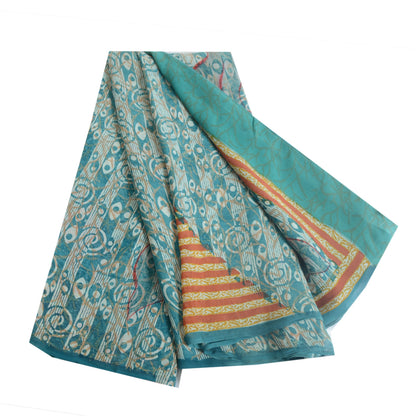 Sanskriti Vintage Sari 100% Pure Georgette Silk Orange/Blue Printed Sarees 6 Yd Fabric Recycled For Quilting Felting, Home Decor