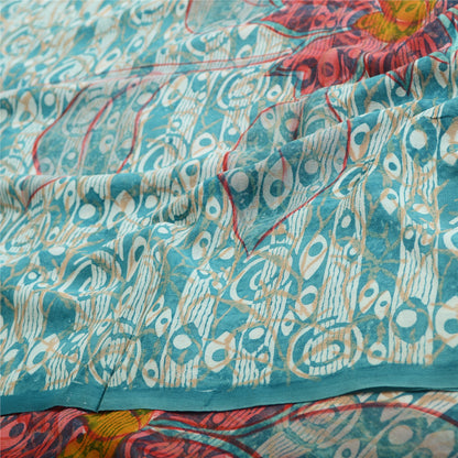 Sanskriti Vintage Sari 100% Pure Georgette Silk Orange/Blue Printed Sarees 6 Yd Fabric Recycled For Quilting Felting, Home Decor