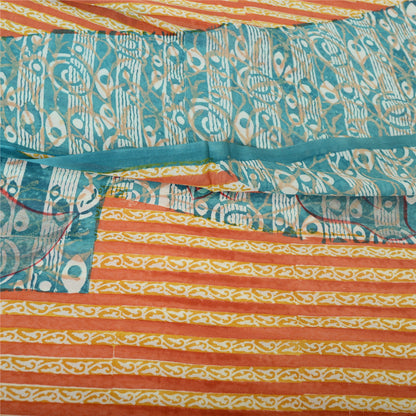 Sanskriti Vintage Sari 100% Pure Georgette Silk Orange/Blue Printed Sarees 6 Yd Fabric Recycled For Quilting Felting, Home Decor