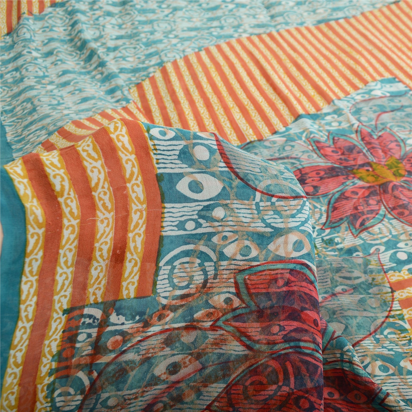 Sanskriti Vintage Sari 100% Pure Georgette Silk Orange/Blue Printed Sarees 6 Yd Fabric Recycled For Quilting Felting, Home Decor