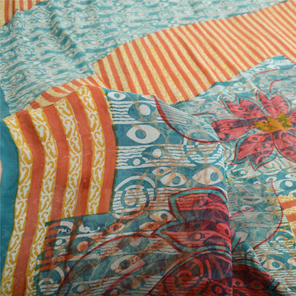 Sanskriti Vintage Sari 100% Pure Georgette Silk Orange/Blue Printed Sarees 6 Yd Fabric Recycled For Quilting Felting, Home Decor