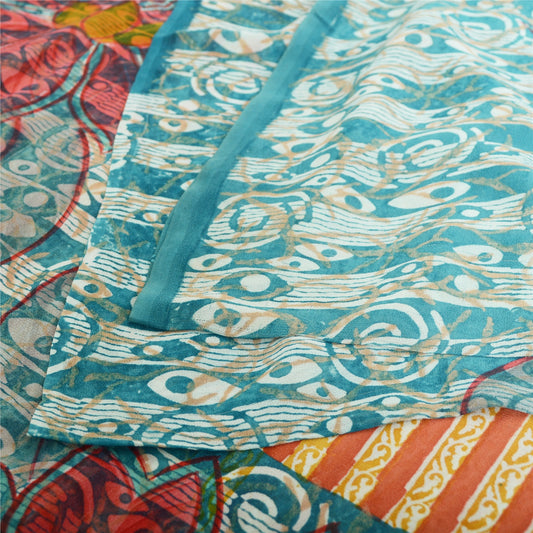 Sanskriti Vintage Sari 100% Pure Georgette Silk Orange/Blue Printed Sarees 6 Yd Fabric Recycled For Quilting Felting, Home Decor