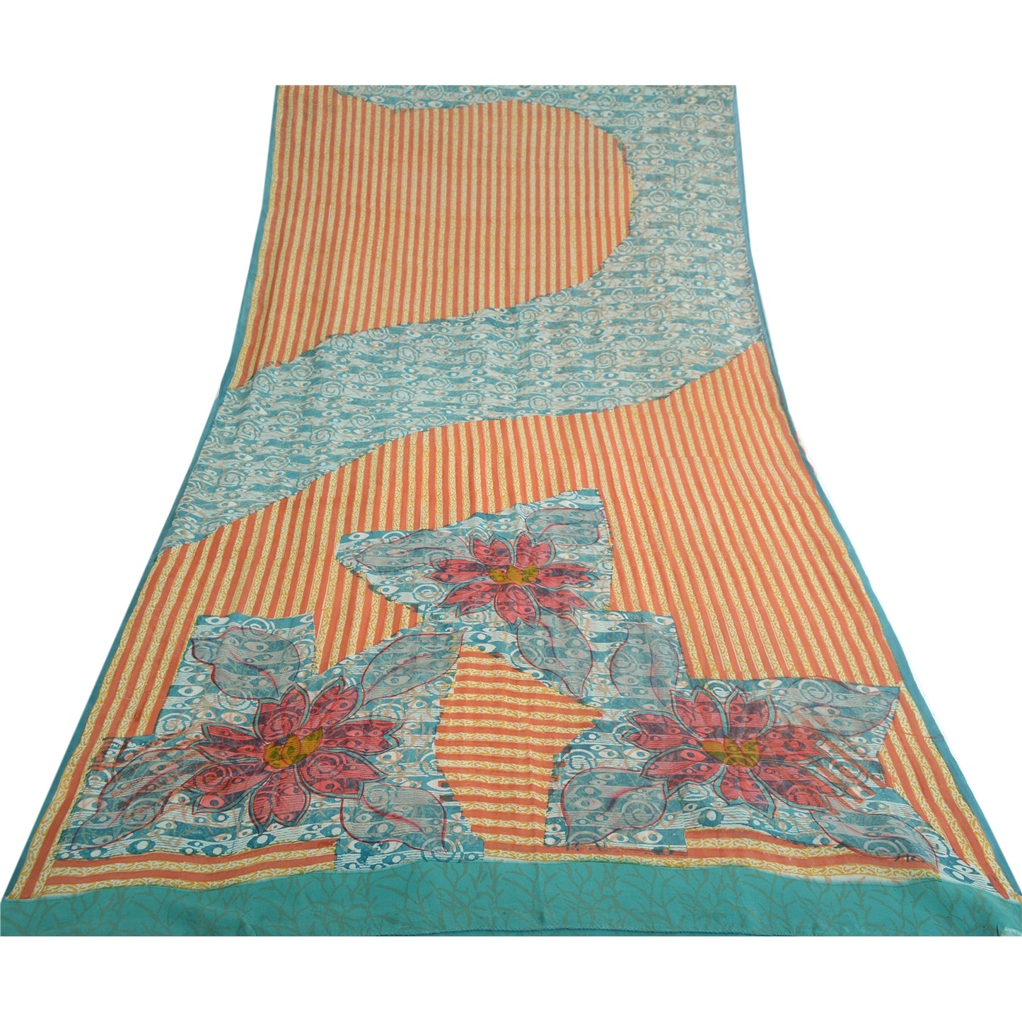 Sanskriti Vintage Sari 100% Pure Georgette Silk Orange/Blue Printed Sarees 6 Yd Fabric Recycled For Quilting Felting, Home Decor