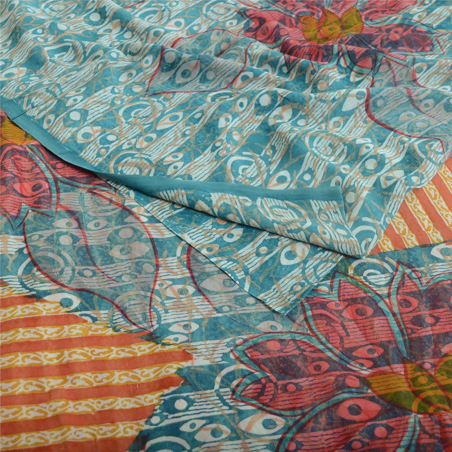 Sanskriti Vintage Sari 100% Pure Georgette Silk Orange/Blue Printed Sarees 6 Yd Fabric Recycled For Quilting Felting, Home Decor