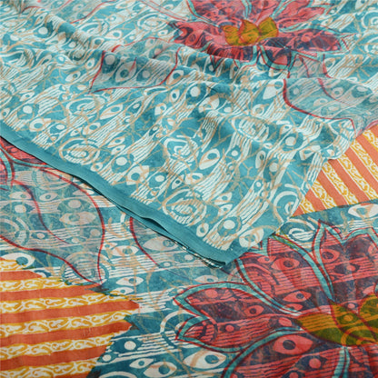 Sanskriti Vintage Sari 100% Pure Georgette Silk Orange/Blue Printed Sarees 6 Yd Fabric Recycled For Quilting Felting, Home Decor
