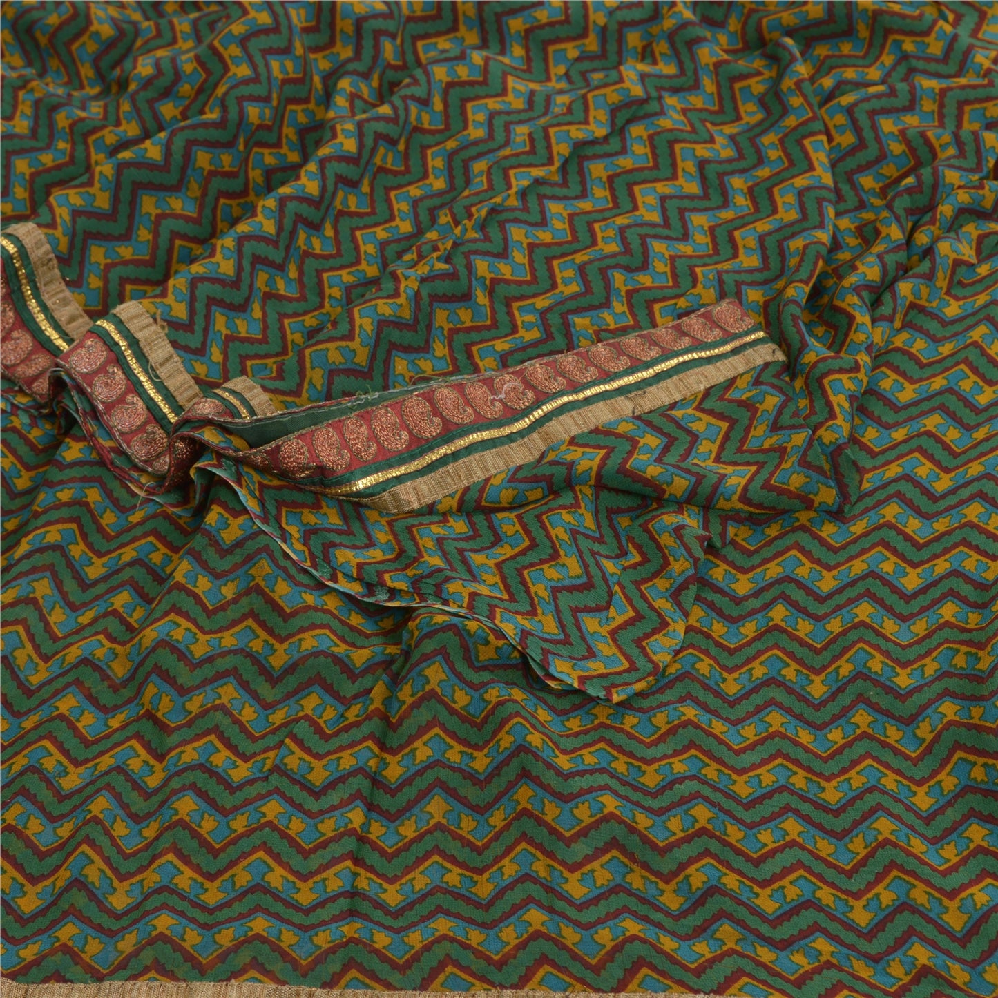 Sanskriti Vintage Green Sarees Blend Georgette Printed Patch Sari Craft Fabric