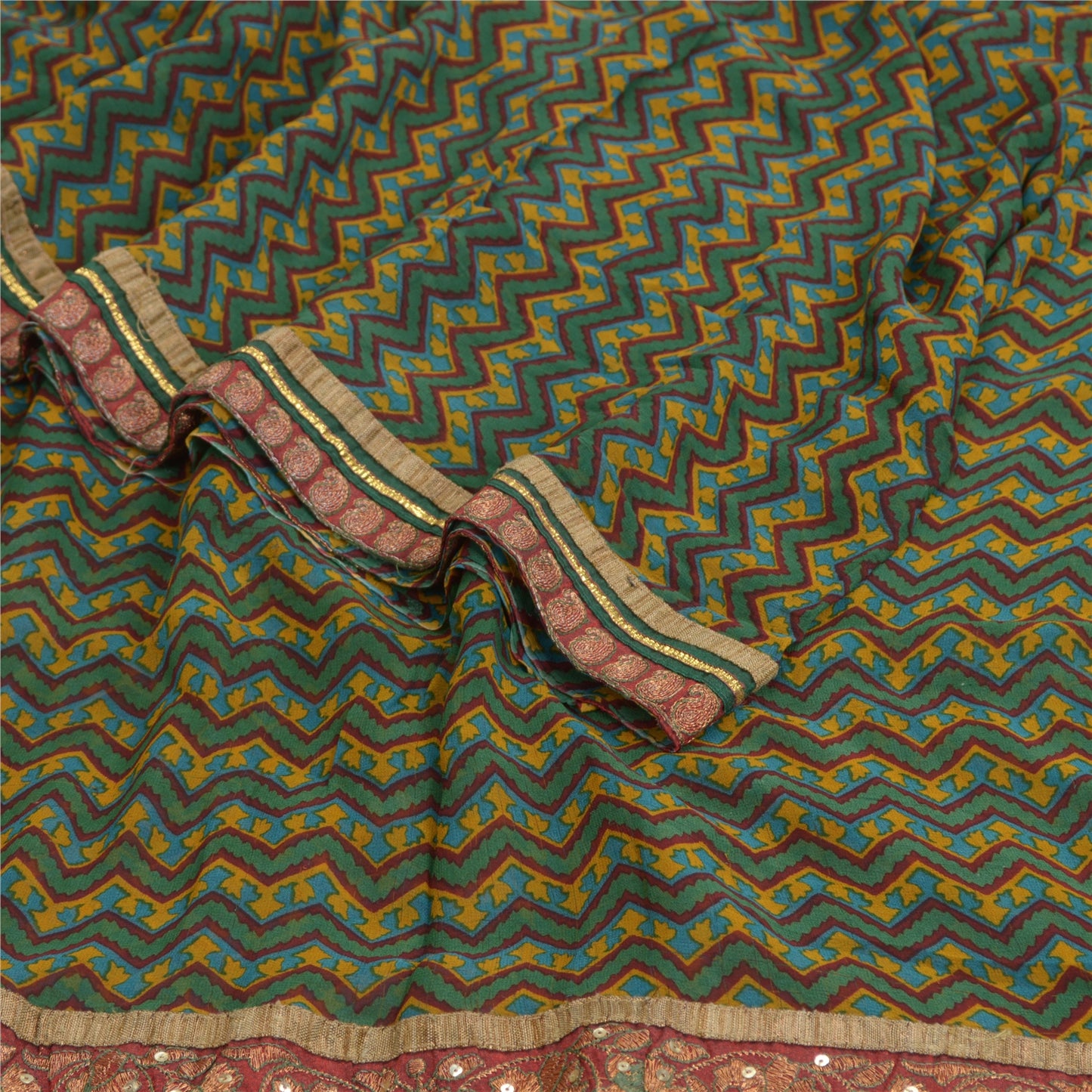 Sanskriti Vintage Green Sarees Blend Georgette Printed Patch Sari Craft Fabric