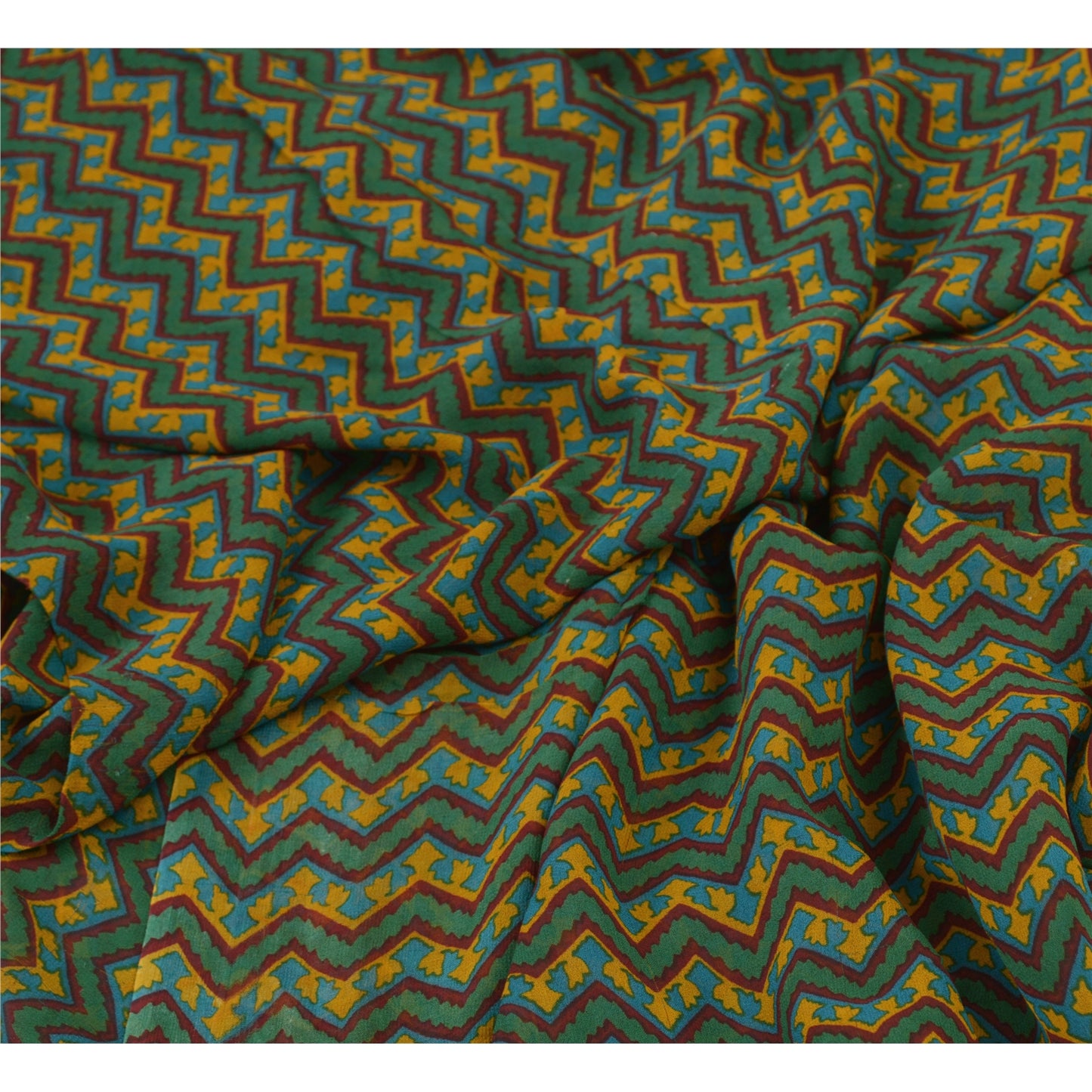 Sanskriti Vintage Green Sarees Blend Georgette Printed Patch Sari Craft Fabric