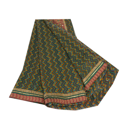 Sanskriti Vintage Green Sarees Blend Georgette Printed Patch Sari Craft Fabric