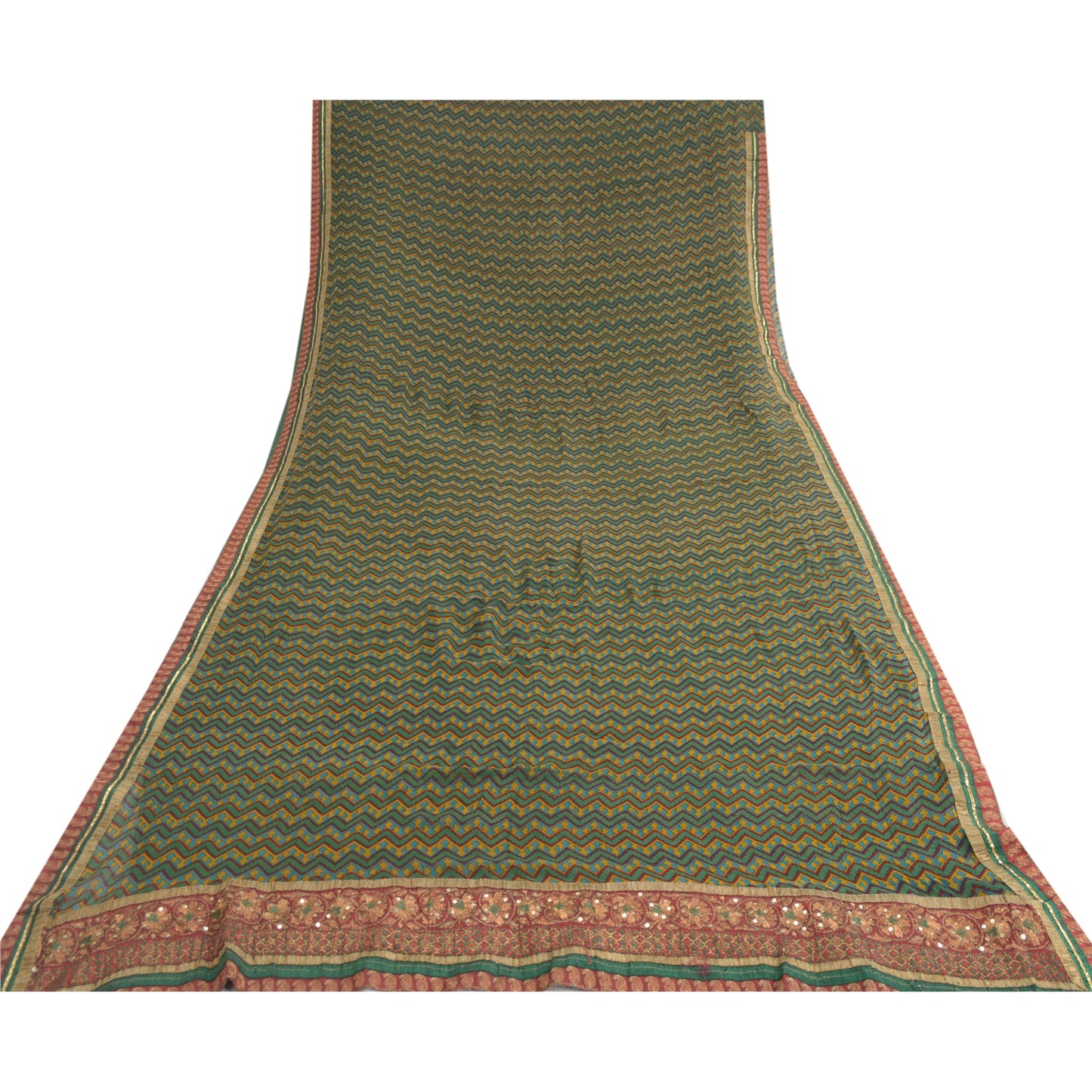 Sanskriti Vintage Green Sarees Blend Georgette Printed Patch Sari Craft Fabric