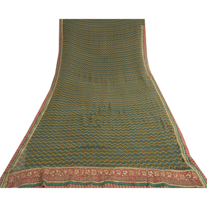 Sanskriti Vintage Green Sarees Blend Georgette Printed Patch Sari Craft Fabric