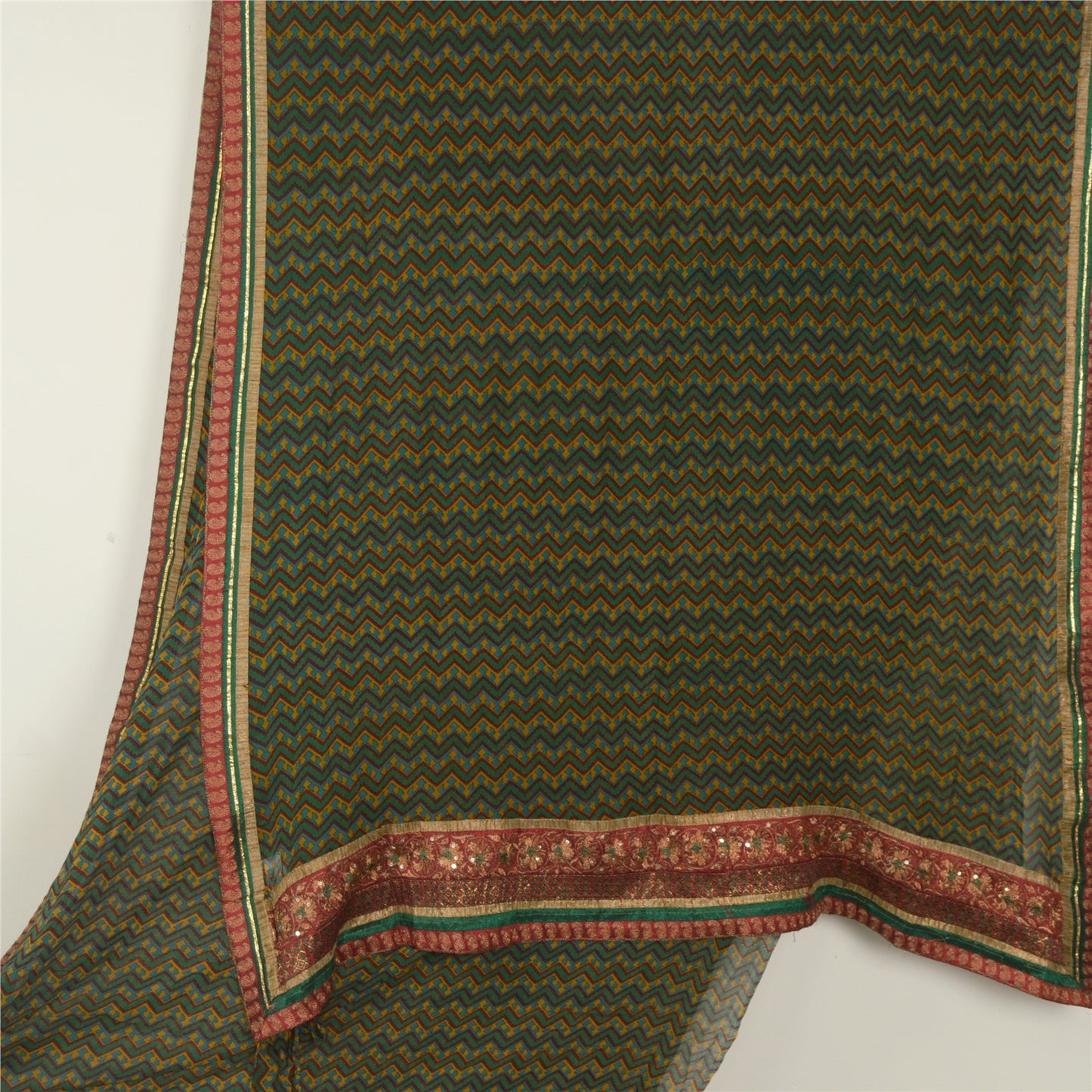 Sanskriti Vintage Green Sarees Blend Georgette Printed Patch Sari Craft Fabric