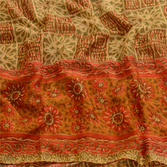 Sanskriti Vintage Green Indian Sarees Chiffon Printed Sari Craft Decor Fabric