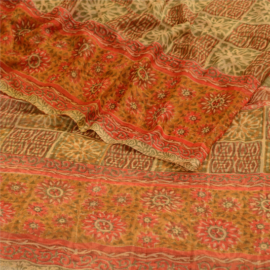 Sanskriti Vintage Green Indian Sarees Chiffon Printed Sari Craft Decor Fabric