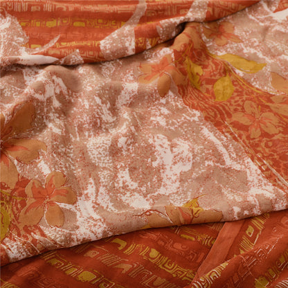Sanskriti Vintage Sari 100% Pure Georgette Silk Orange/Mustard Printed Saree 5 Yd Fabric Floral Recycled For Quilting Felting, Home Decor