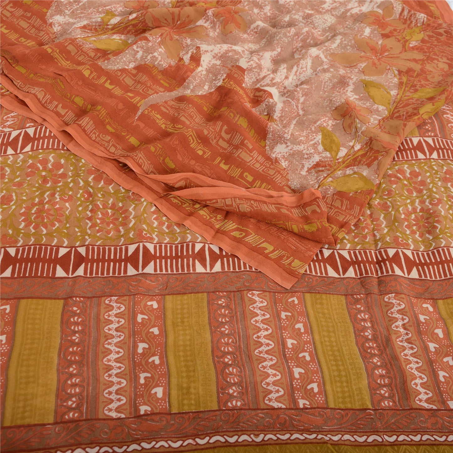 Sanskriti Vintage Sari 100% Pure Georgette Silk Orange/Mustard Printed Saree 5 Yd Fabric Floral Recycled For Quilting Felting, Home Decor