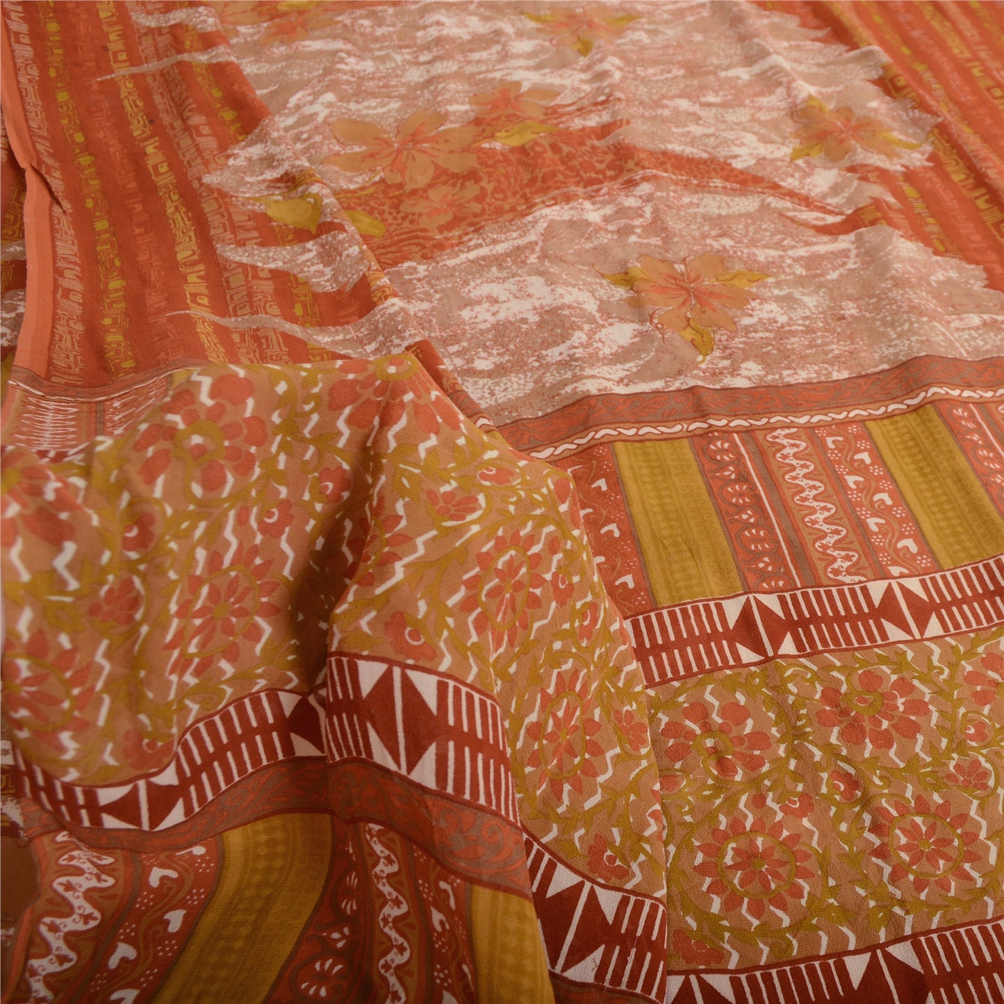 Sanskriti Vintage Sari 100% Pure Georgette Silk Orange/Mustard Printed Saree 5 Yd Fabric Floral Recycled For Quilting Felting, Home Decor