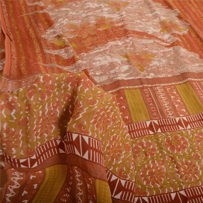 Sanskriti Vintage Sari 100% Pure Georgette Silk Orange/Mustard Printed Saree 5 Yd Fabric Floral Recycled For Quilting Felting, Home Decor