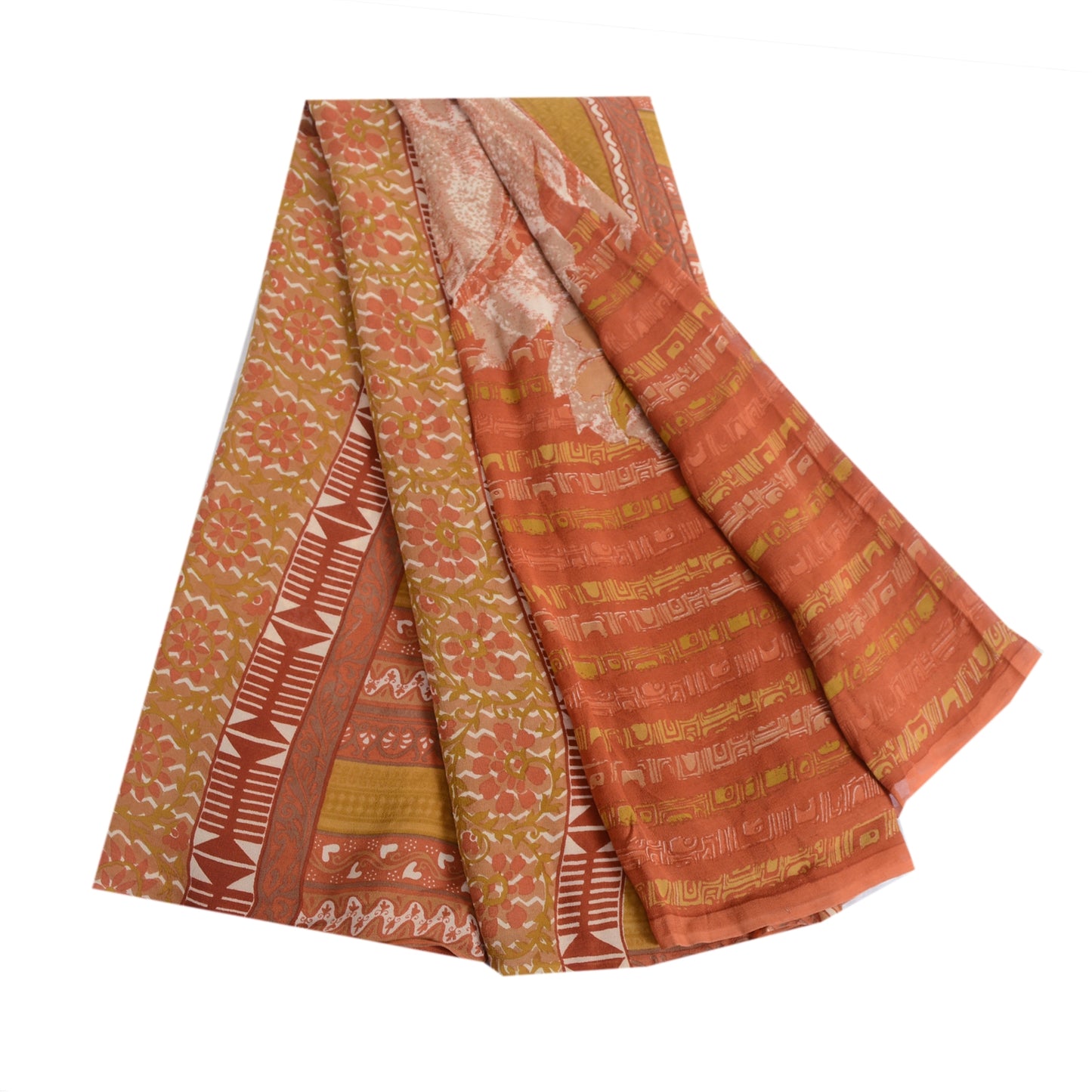 Sanskriti Vintage Sari 100% Pure Georgette Silk Orange/Mustard Printed Saree 5 Yd Fabric Floral Recycled For Quilting Felting, Home Decor