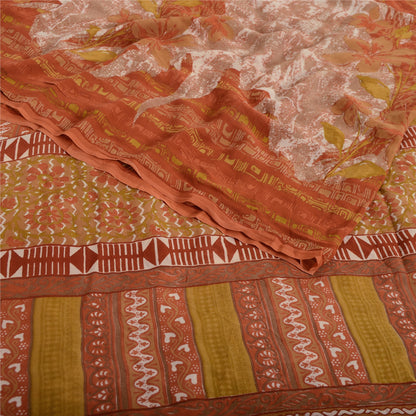 Sanskriti Vintage Sari 100% Pure Georgette Silk Orange/Mustard Printed Saree 5 Yd Fabric Floral Recycled For Quilting Felting, Home Decor