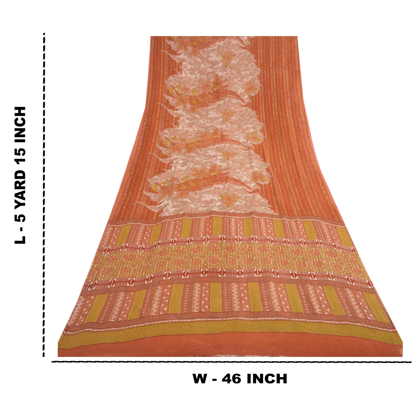 Sanskriti Vintage Sari 100% Pure Georgette Silk Orange/Mustard Printed Saree 5 Yd Fabric Floral Recycled For Quilting Felting, Home Decor