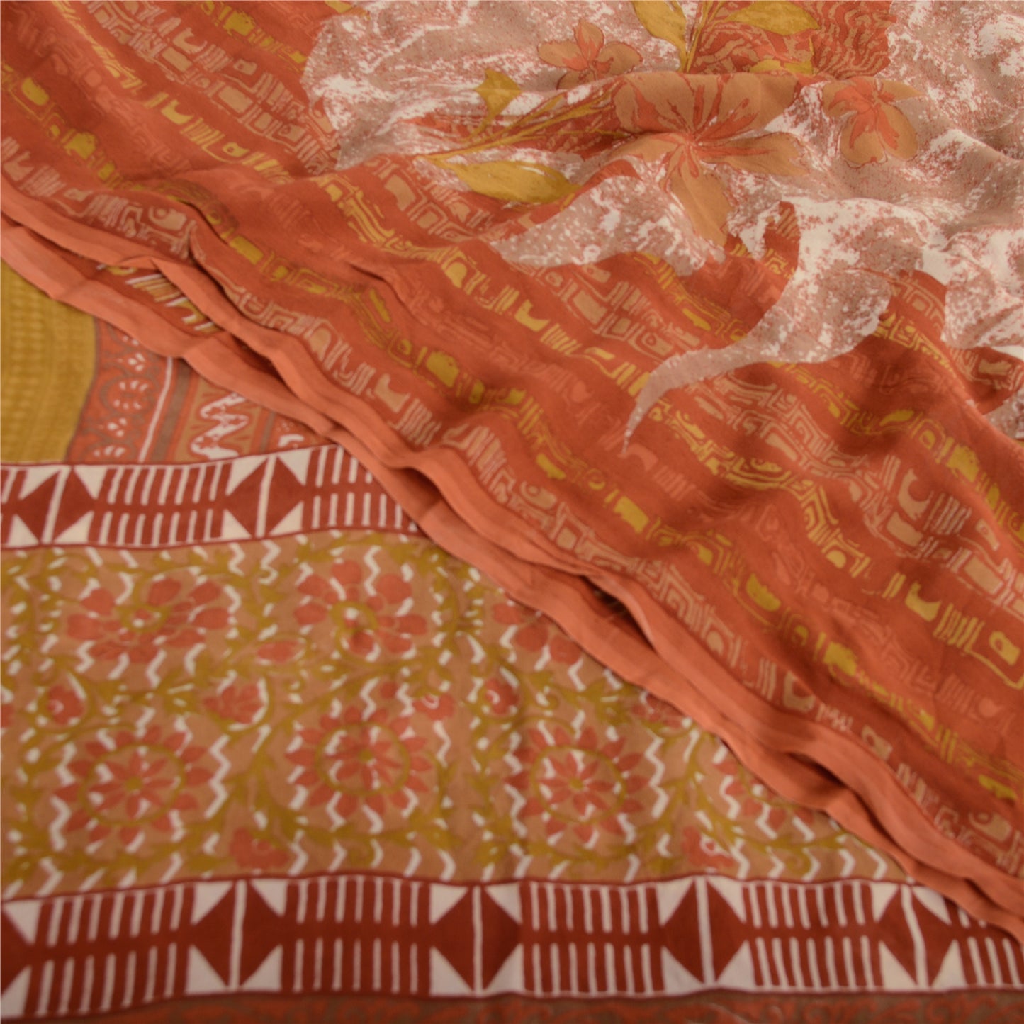 Sanskriti Vintage Sari 100% Pure Georgette Silk Orange/Mustard Printed Saree 5 Yd Fabric Floral Recycled For Quilting Felting, Home Decor