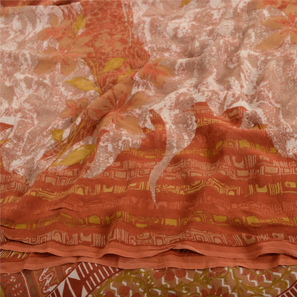 Sanskriti Vintage Sari 100% Pure Georgette Silk Orange/Mustard Printed Saree 5 Yd Fabric Floral Recycled For Quilting Felting, Home Decor