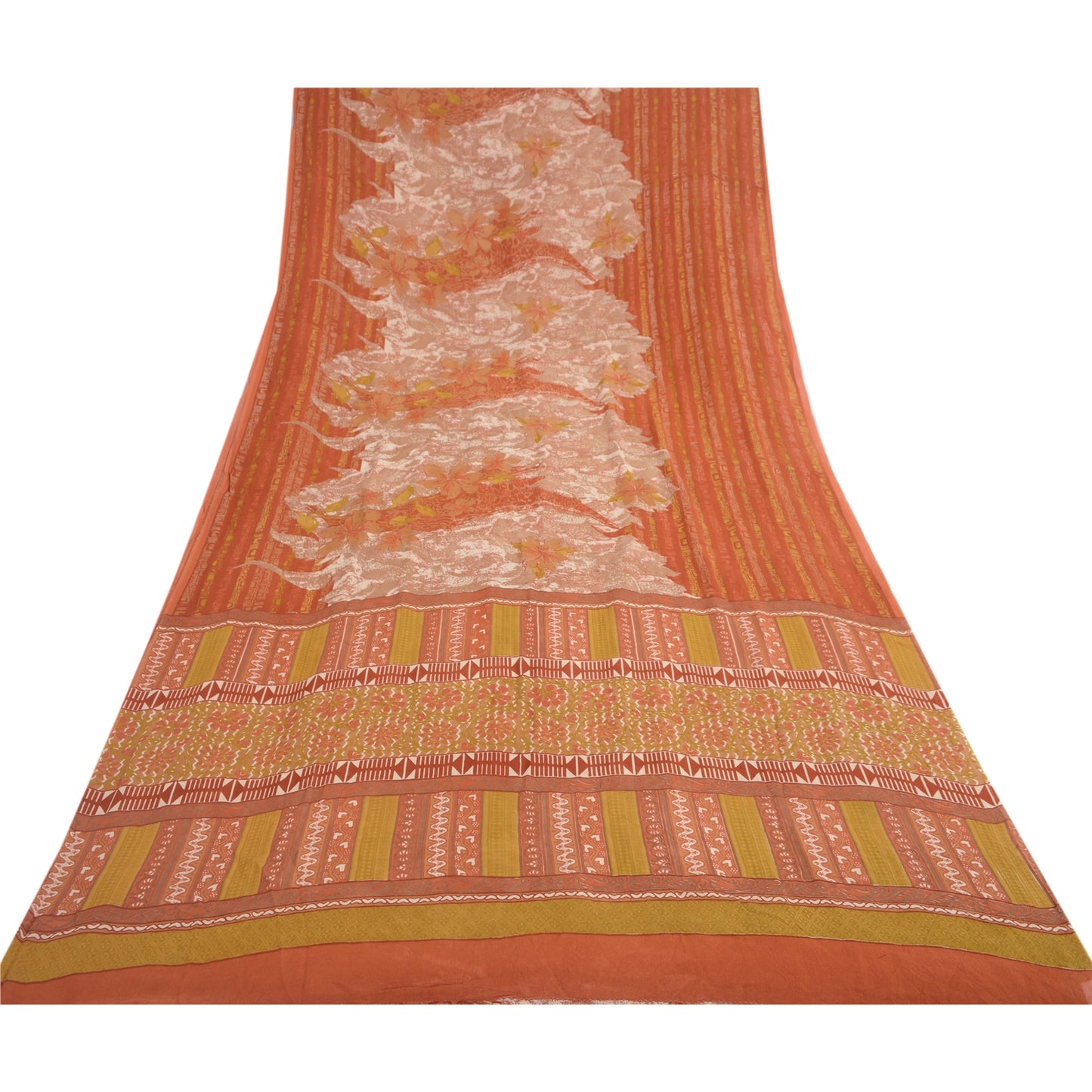 Sanskriti Vintage Sari 100% Pure Georgette Silk Orange/Mustard Printed Saree 5 Yd Fabric Floral Recycled For Quilting Felting, Home Decor