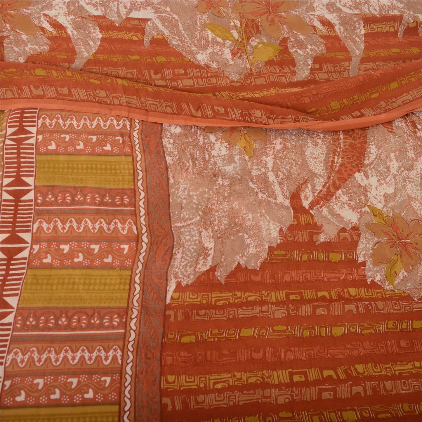 Sanskriti Vintage Sari 100% Pure Georgette Silk Orange/Mustard Printed Saree 5 Yd Fabric Floral Recycled For Quilting Felting, Home Decor